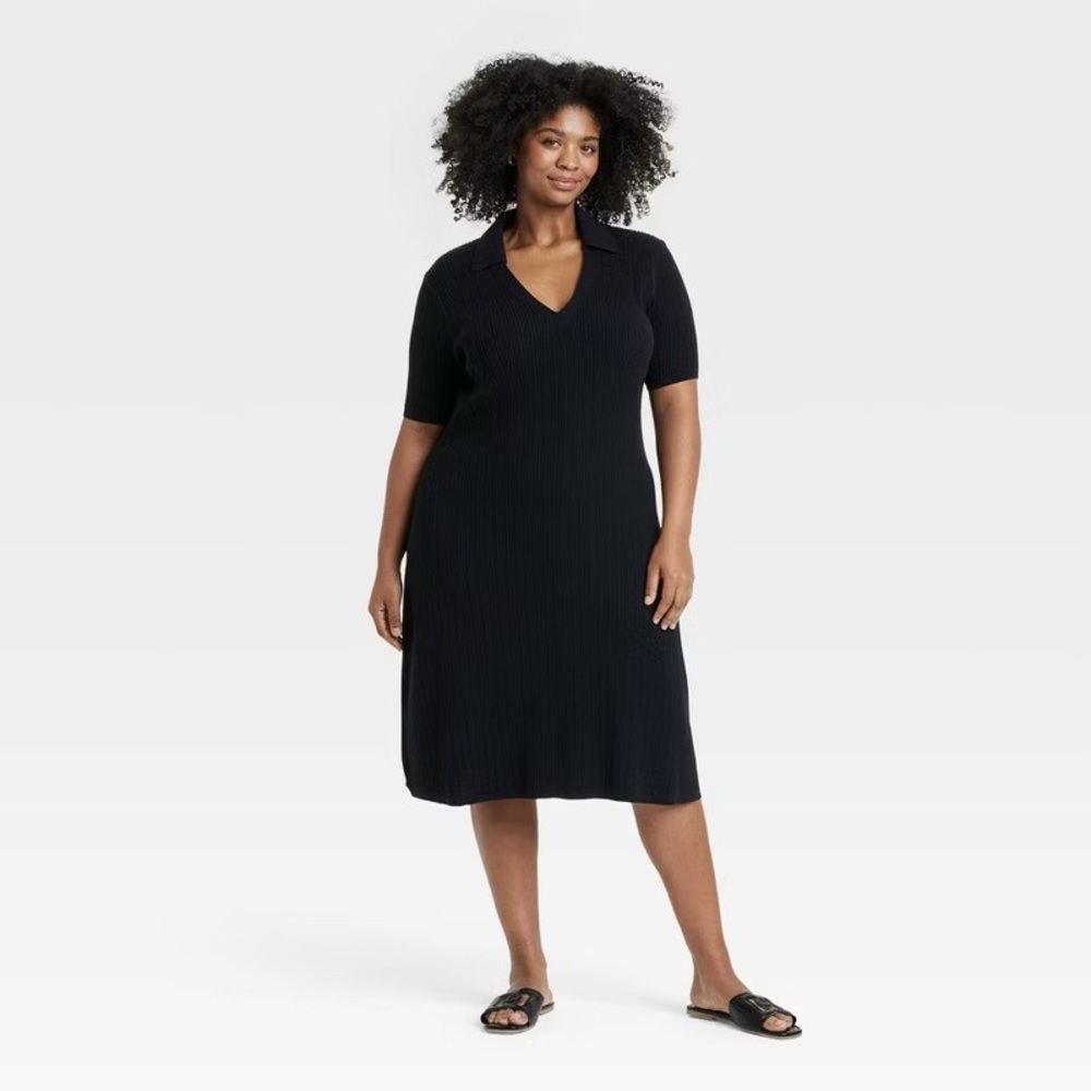 NWT Ava & Viv Black Ribbed Midi Sweater Dress with Collar - Picture 2 of 5